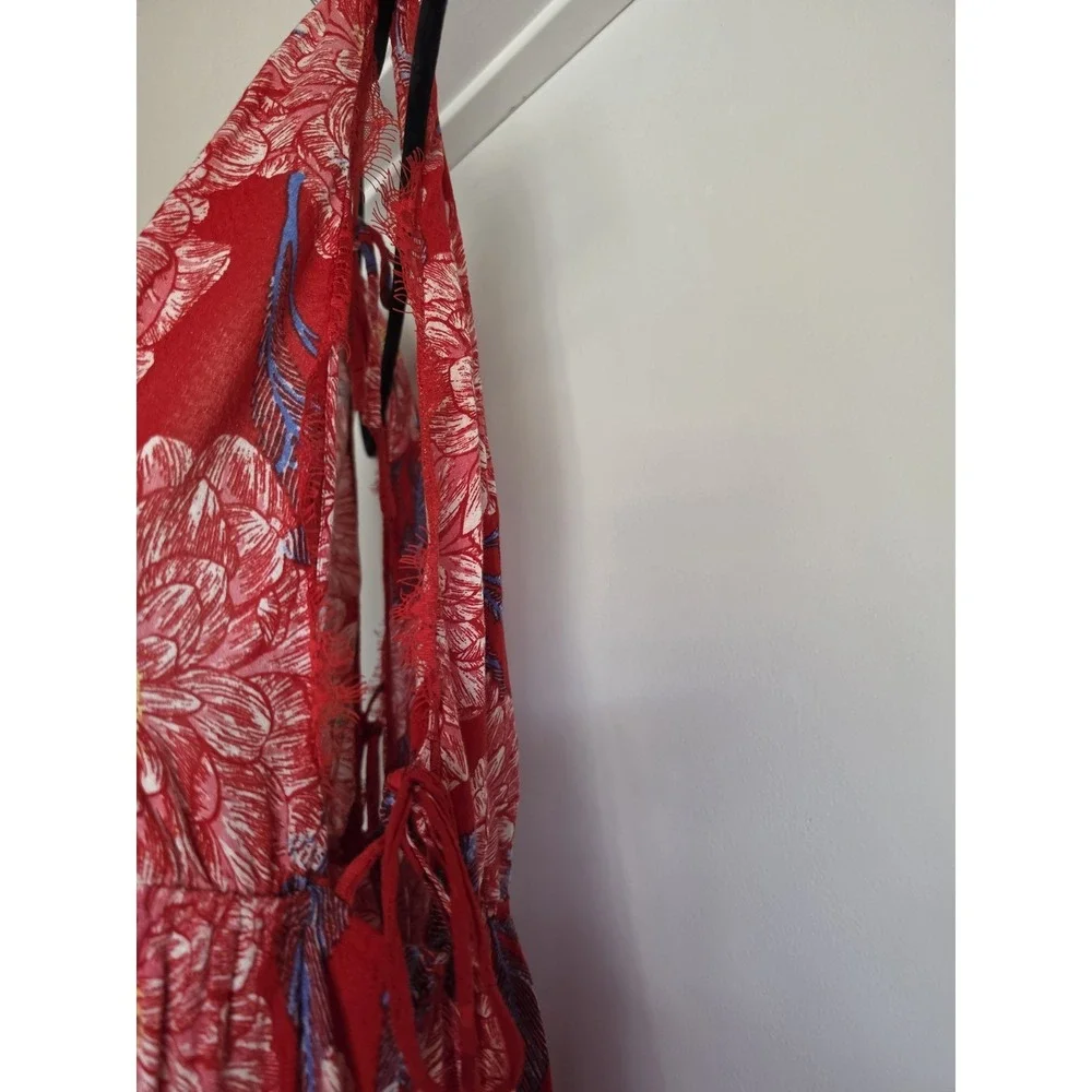 Free People Mini Dress L Red Floral Sleeveless V-Neck Boho Sundress Gown